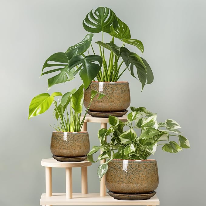 G EPGardening 7 Inch Ceramic Pots for Plants - Ceramic Planters for Indoor Outdoor Plants, Round Plant Pots with Drainage and Saucer, Modern Planter, House Decor, Plant Lover Gifts, Speckled Brown