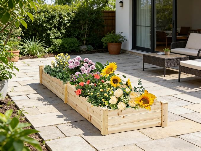 SUNCROWN 8x2ft Wooden Raised Garden Bed Planter Box for Vegetables, and Flowers in Backyard/Patio/Outdoor Gardening with Open Base, Natural, 96 x 24 x 10in
