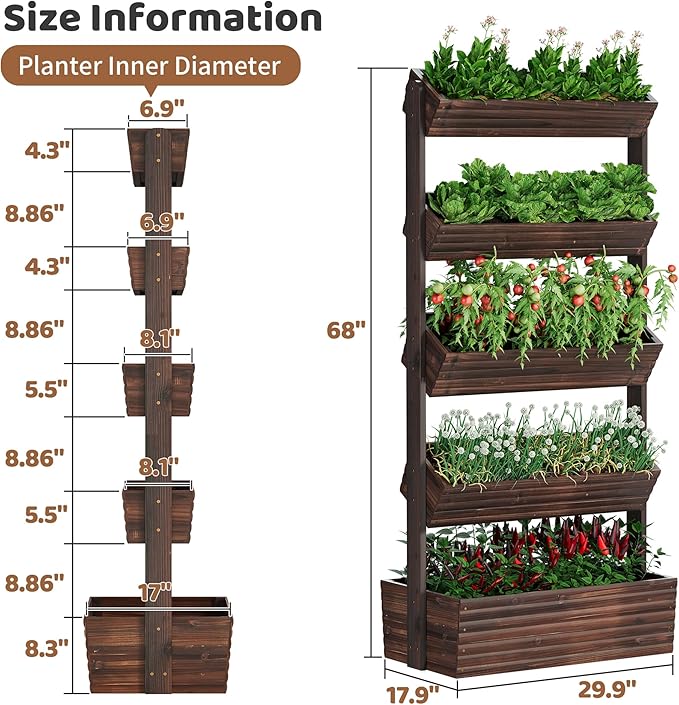 Wooden Raised Garden Bed Vertical Planter Box, Freestanding Plant Stand for Indoor Outdoor Plants, Herbs, Flowers, Vegetables, Gardening (Carbonized, 5-Tier，29.9 x 17.9 x 68in)