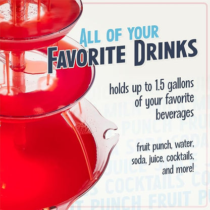 Nostalgia 3-Tier Party Fountain, Holds 1.5 Gallons, LED Lighted Base, Includes 8 Reusable Cups, 1.5 Gallon, Clear