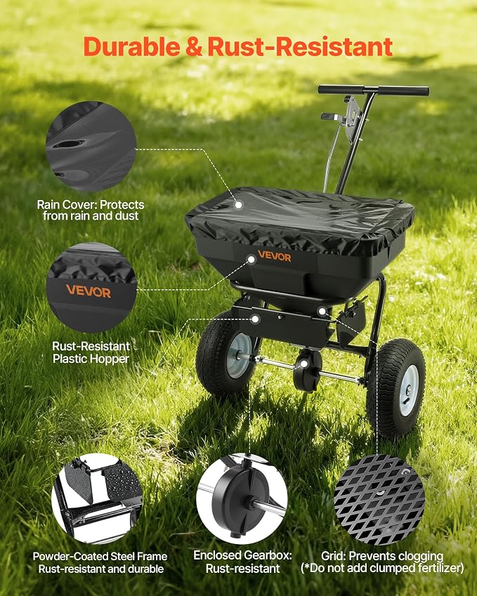 VEVOR Broadcast Spreader, 12ft Spreading Width, Push Broadcast Spreader with 13" All-Terrain Tires, Adjustable Flow Control, 130lbs Capacity Hopper, Lawn Spreaders for Fertilizer Seed Ice Melt