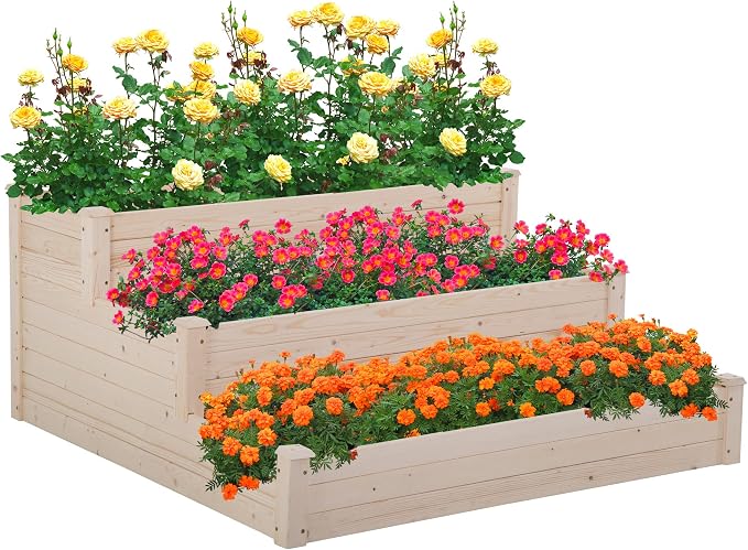 FDW 3 Tier Raised Garden Bed Outdoor Wooden Planter Box 48x48x29 ft Wood Elevated Planter Box with Divided Sections Open-Ended Base for Vegetables Flowers Herbs Plants