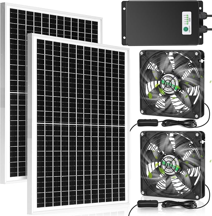 blessny 5.5" Solar Rechargeable 2 Fan Kit for Intake or Exhaust air, Weatherproofed 50W Solar Powered Fans for Outside Chicken Coops, Greenhouses, Shed, Pet House Air Ventilation