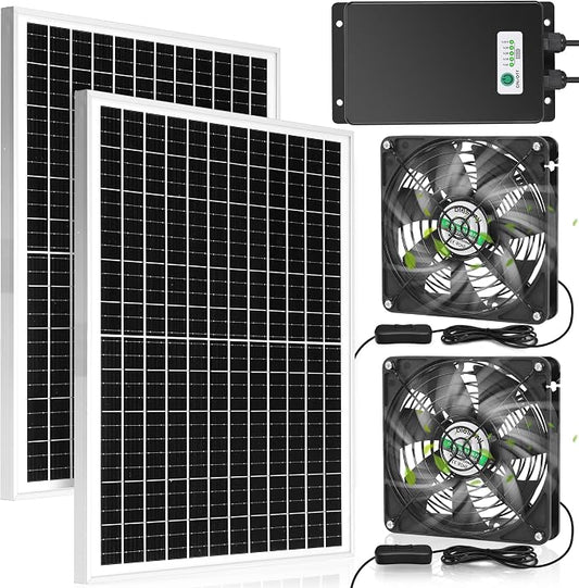 blessny 5.5" Solar Rechargeable 2 Fan Kit for Intake or Exhaust air, Weatherproofed 50W Solar Powered Fans for Outside Chicken Coops, Greenhouses, Shed, Pet House Air Ventilation