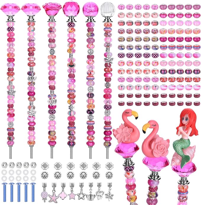 AIPRIDY DIY Crystal Beaded Fairy Wand Garden Stakes Kit, Colorful Decorative Wands with Assembly Guide, 12 or 10 Inch Threaded Rods,Outdoor Garden Decoration Set (158, Rose Red+Hybrid Top)