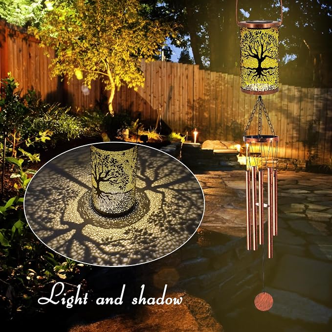 36" Solar Wind Chimes Hanging Lights Outdoor Detachable Led Lantern Metal Wind Chimes for Outside Unique Tree Life Garden Hanging Solar Decorative as Gift for Mom Women Grandma (Bronze)
