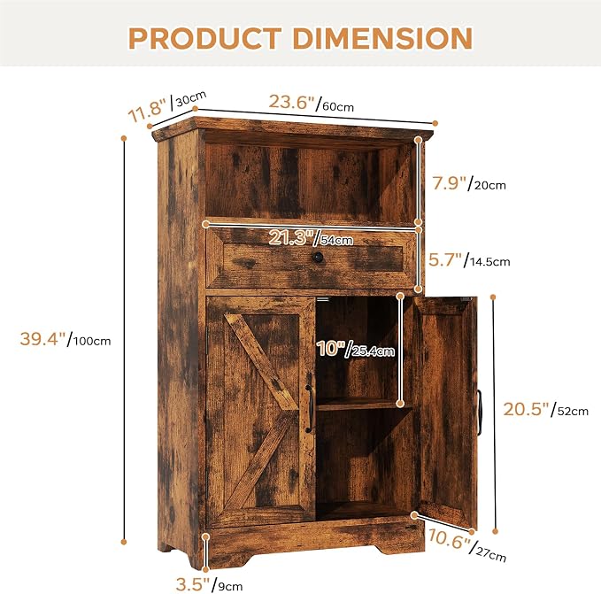 Floor Cabinet, Farmhouse Storage Cabinet with Barn Doors and Drawer, 11.81" D x 23.62" W x 39.37" H Rustic Brown Freestanding Adjustable Shelf Organizer for Bathroom, Kitchen, Living Room