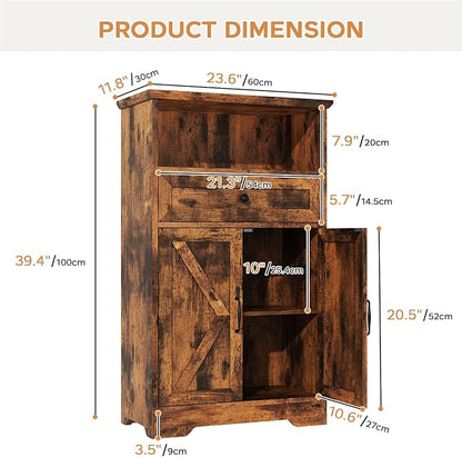 Floor Cabinet, Farmhouse Storage Cabinet with Barn Doors and Drawer, 11.81" D x 23.62" W x 39.37" H Rustic Brown Freestanding Adjustable Shelf Organizer for Bathroom, Kitchen, Living Room