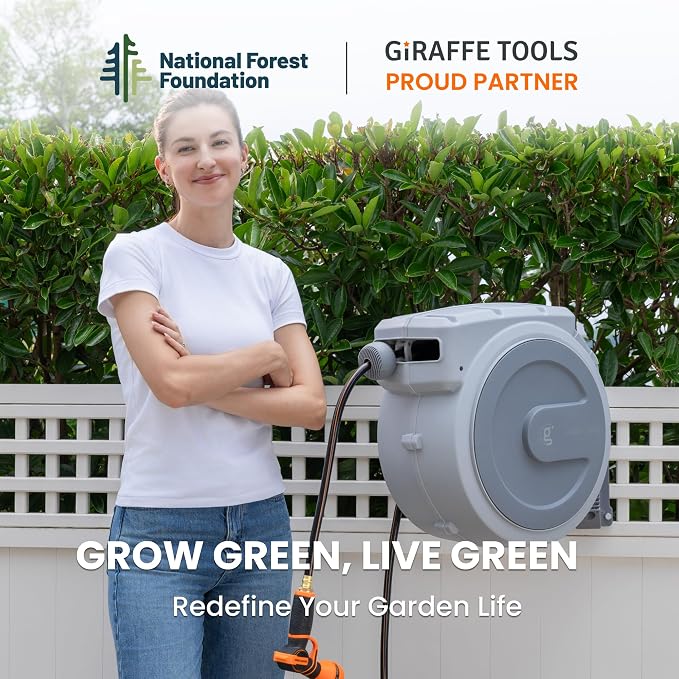 Giraffe Tools Retractable Garden Hose Reel, 5/8 in x 90 ft Heavy Duty Hose Reel With 7 Pattern Nozzle, Any Length Lock, Wall Mount Water Hose Reel, 180°Swivel, Light Grey