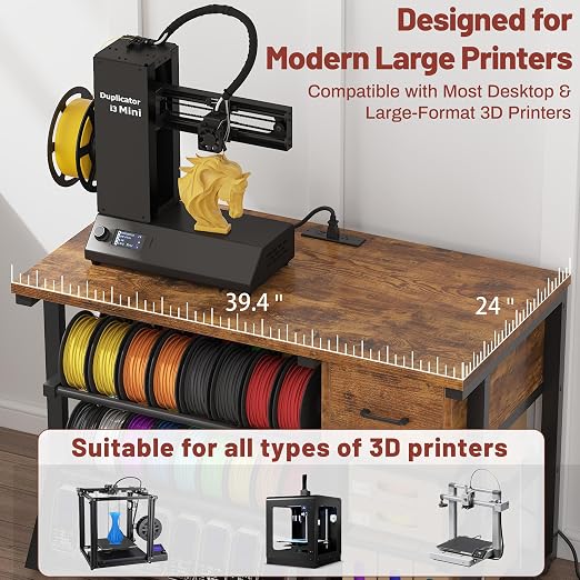 3D Printer Workstation with Power Outlet & Filament Storage, Heavy Duty 4-Tier 3D Printer Stand with Drawer, X-Bracket Stability, Large 39.4” 3D Printing Desk for Workshop, Studio, Office
