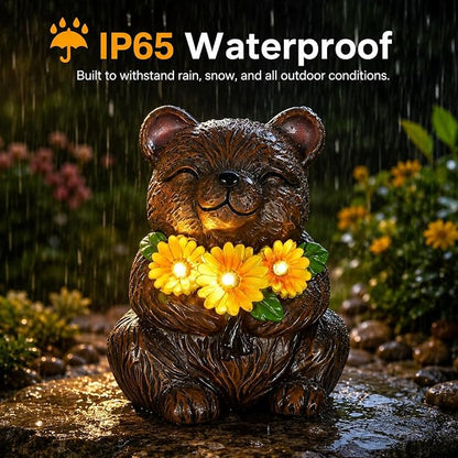 Solar Garden Statues Bear with Daisy and LED Lights Birthday Gifts for Women Mom Grandma Solar Outdoor Cat Decor for Outside,Outdoor Solar Lights for Yard, Garden and Patio, Unique Gift for Women