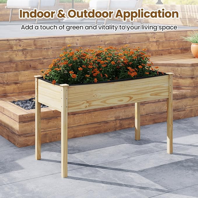 S AFSTAR 2 Pieces Wooden Raised Garden Bed with Legs, Planter Box with Liner & Drainage Holes for Vegetable Flower Herb, Indoor Outdoor Elevated Gardening Box for Backyard Patio Balcony
