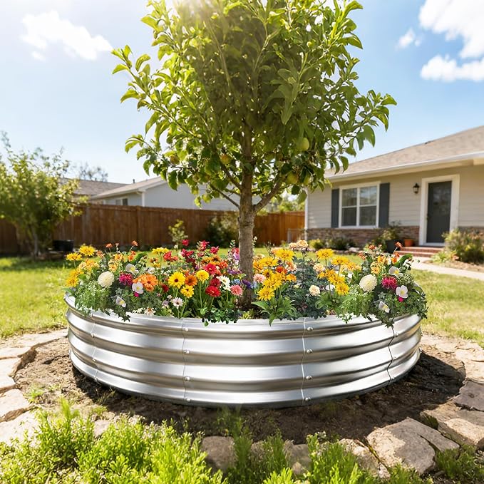 12 Inch Tall 72 Inch Diameter Round Silver Raised Garden Bed Kits Outdoor | 1 FT Tall,6 FT Planter Bed for Flowers,Herbs,Vegetables,Trees,0.8MM Thick Galvanized Metal Painted,with Gloves,Tool free
