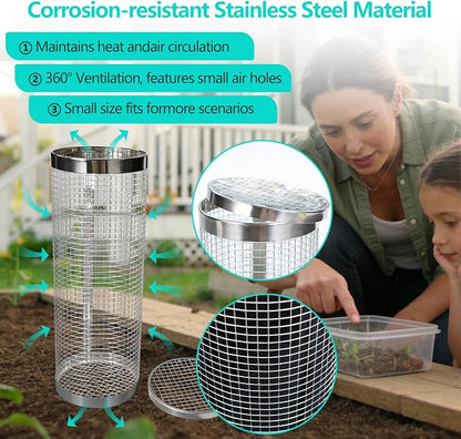 2 Pack Underground Worm Composting Bin with Gardening Gloves - Small Round Metal Stainless Steel Composter for Family Garden, Outdoor Compost Bins (2)