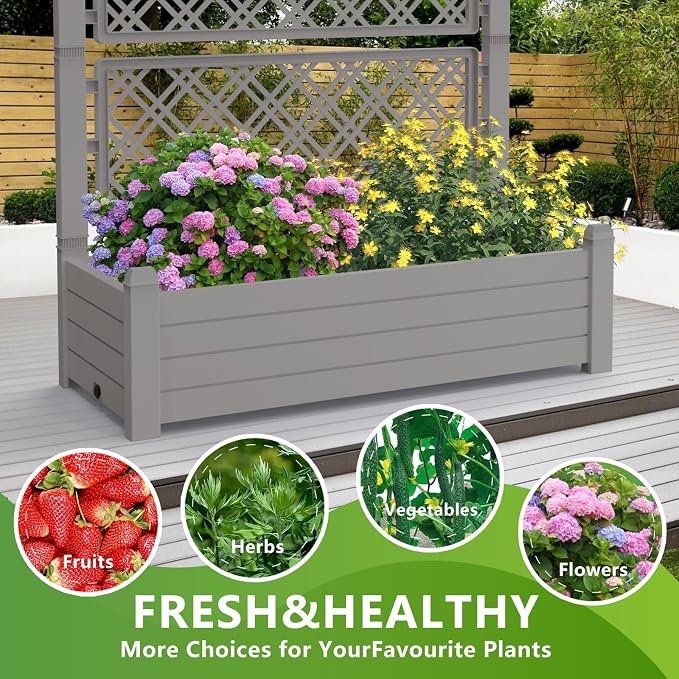 PatioZen Raised Garden Bed with Trellis for Climbing Plants, 43.43" L x 18.27" W x 59.29" H Self Watering Planter Box with Drainage Holes for Outdoor Backyard Patio Balcony, Anti-Rust Resin (Grey)