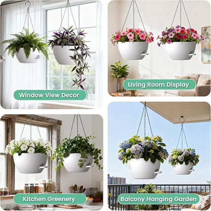 UOUZ 13 Inch 2 Pack Large Self Watering Hanging Planters for Indoor Outdoor Plants, Hanging Plant Pots with Removable 50 Oz Reservoir, Plastic Hanging Basket for Window Porch Garden, White