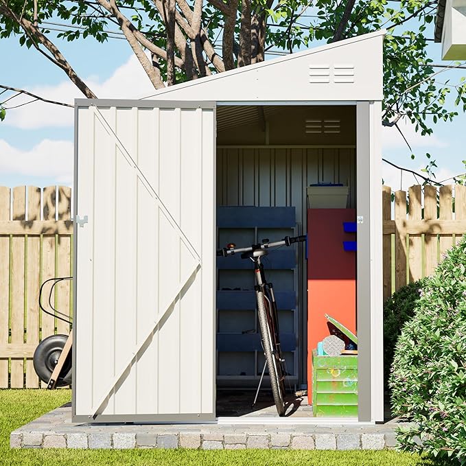 YOPTO 4x7 FT Outdoor Storage Shed,Metal Lean to Storage Shed with Reinforced Beams,All Weather Waterproof Garden Tool House W/Lockable Door and Reversible Installation,for Backyard,Patio,Lawn,White