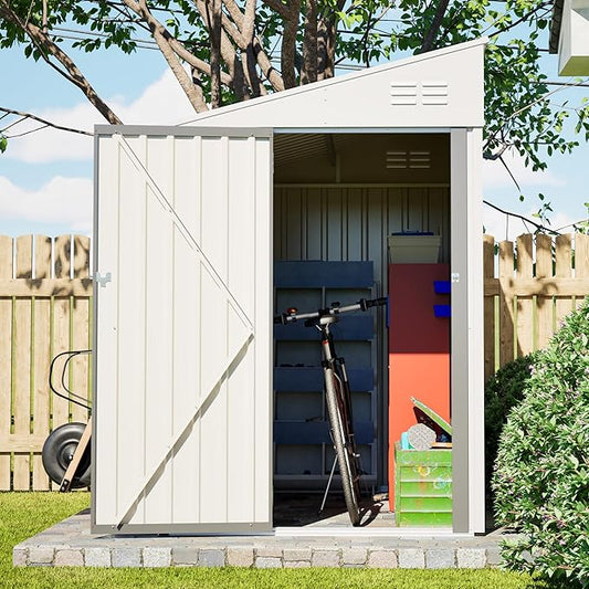 YOPTO 4x7 FT Outdoor Storage Shed,Metal Lean to Storage Shed with Reinforced Beams,All Weather Waterproof Garden Tool House W/Lockable Door and Reversible Installation,for Backyard,Patio,Lawn,White