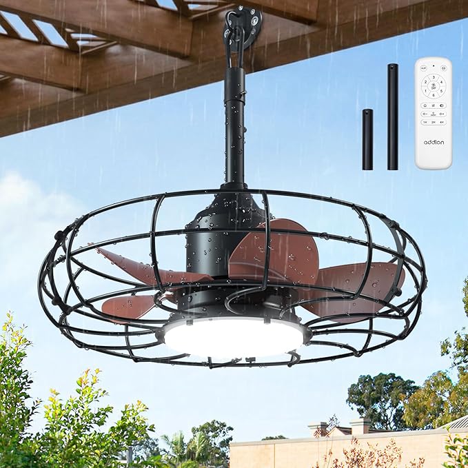 addlon 20 Inch Outdoor Ceiling Fan with Light for Patio, IP65 Waterproof Plug in Caged Hanging Fan, Remote Control, 3000-6000K Dimmable, 6 Speeds Reversible Outdoor Fan for Gazebo, Pergola, Porch