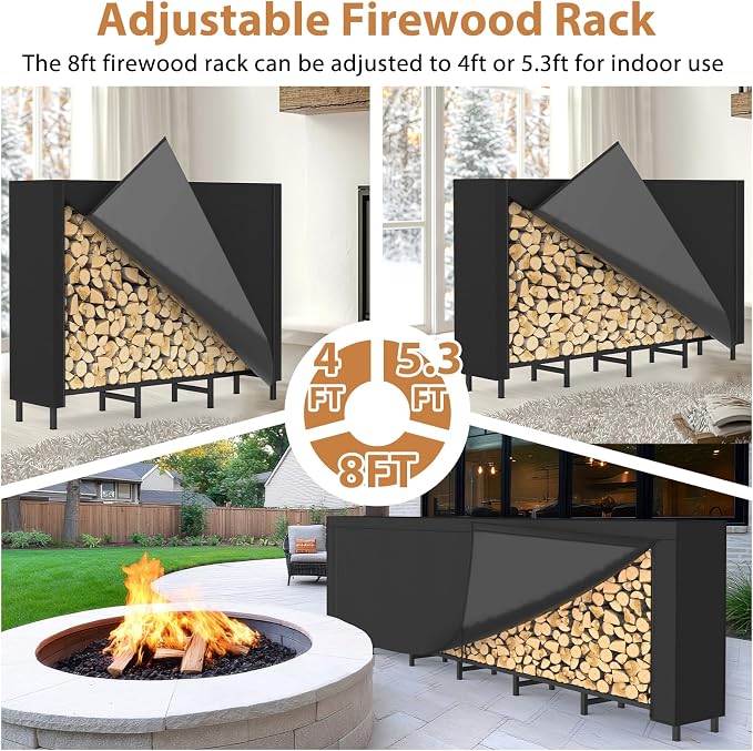 CADUKE 8ft Firewood Rack with Cover, Heavy Duty Fire Wood Rack Outdoor & Indoor, Firewood Storage Log Rack with Weather Resistant 600D Oxford Fabric Cover