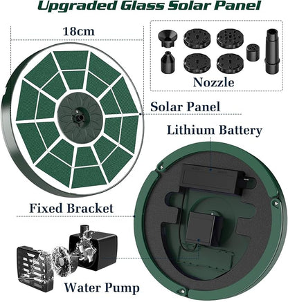 AISITIN 3.5W Solar Bird Bath Fountain Built-in 1500mAh Battery, Solar Water Pump with 8 Nozzles, Solar Powered Fountain Pump for Garden Birdbath Pool Fish Tank Pond and Outdoor (Dark Green)
