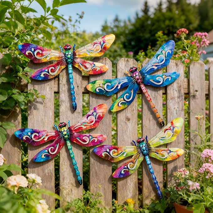 SUNREEK Metal Dragonfly Wall Decor, 12 Inches Dragonfly Outdoor Wall Art for Fence Garden Yard Patio Decorations