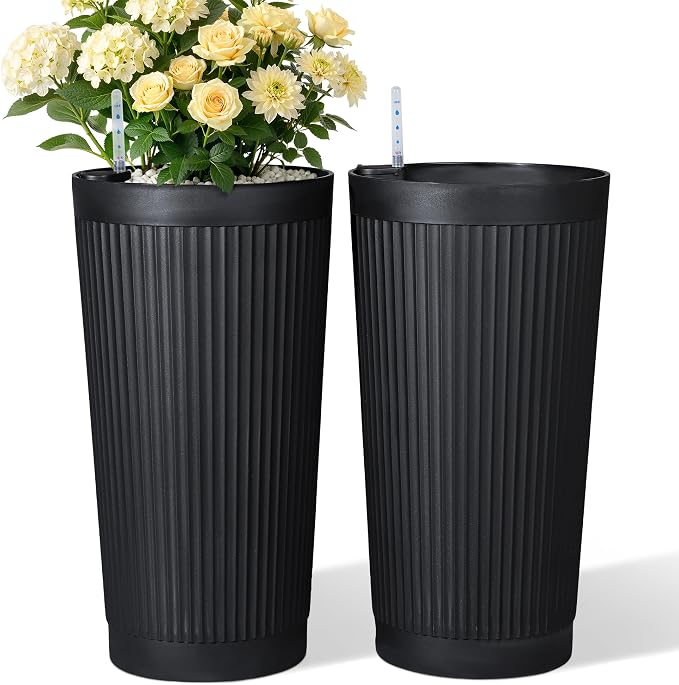TUYOHW Set of 2 Large Round Tall Planter for Indoor or Outdoor 24" Flower Pots for Porch, Patio, Backyard, Large Planters for Outdoor Indoor Plants