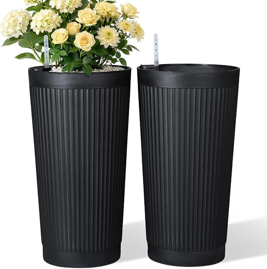 TUYOHW Set of 2 Large Round Tall Planter for Indoor or Outdoor 24" Flower Pots for Porch, Patio, Backyard, Large Planters for Outdoor Indoor Plants