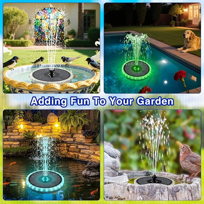 SZMP Solar Fountain, 4W Solar Powered Bird Bath Fountains with 4000 Battery, Color LED Lights, Outdoor Water Feature Fountain Pump with 7 Nozzle and 4 Fixers for Garden, Patio, Pond, and Pool