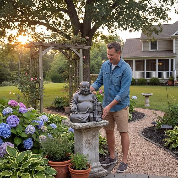 Cinnvoice 16x18 Inch Laughing Buddha Statue Outdoor Large Happy Sitting Buddha Statue Rustic Zen Monk Praying Sculptures Wealth Good Luck Feng Shui Decor for Indoor Garden Home Decoration