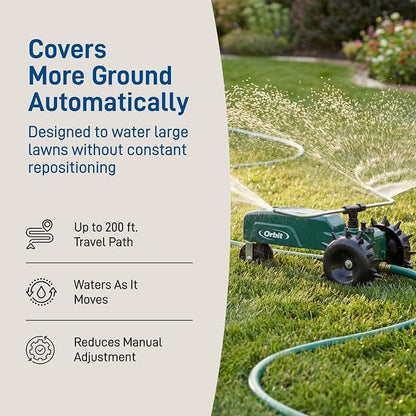 Orbit Traveling Tractor Water Sprinkler - Self-Propelled Traveling Sprinkler for Wide Lawn Coverage - Cast-Iron Body with Adjustable Coverage - Three-Speed - Automatic Shut Off - 58322