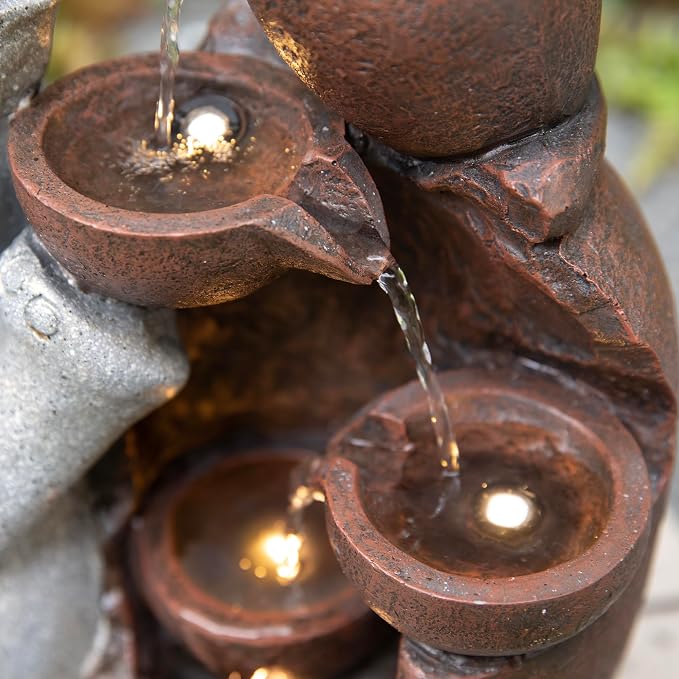 Glitzhome Outdoor Water Fountain, 4-Tiered Elephant and Pot Outdoor Fountain with Lights, 18.5" H Polyresin Decorative Waterfall Feature Garden Fountain with Pump for Patio, Yard, Deck, Porch Decor