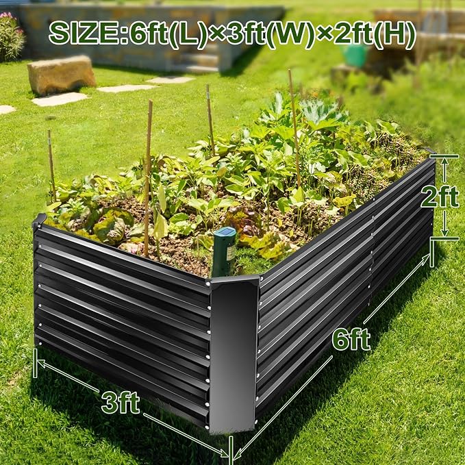 Metal Raised Bed Garden Bed Kit, 6x3x2ft Tall Galvanized Planter Raised Garden Boxes Outdoor, Large Metal Raised Garden Beds for Flowers, Vegetables, Herbs