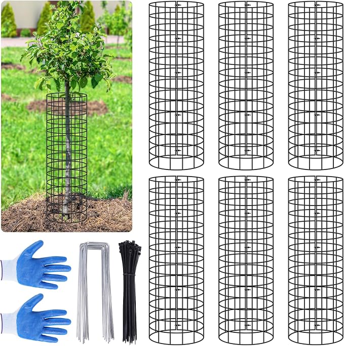 6Pcs Tree Trunk Protector, 16.5'' H Metal Mesh Tree Bark Protector with Zip Ties Metal Stakes and Gloves,Expandable Plant Trunk Guard Protectors for Deer Rabbit Rodents Mowers