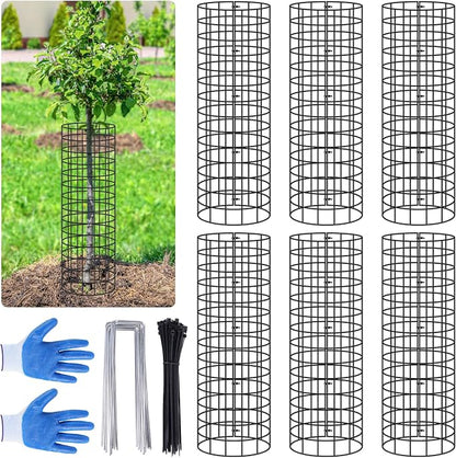 6Pcs Tree Trunk Protector, 16.5'' H Metal Mesh Tree Bark Protector with Zip Ties Metal Stakes and Gloves,Expandable Plant Trunk Guard Protectors for Deer Rabbit Rodents Mowers