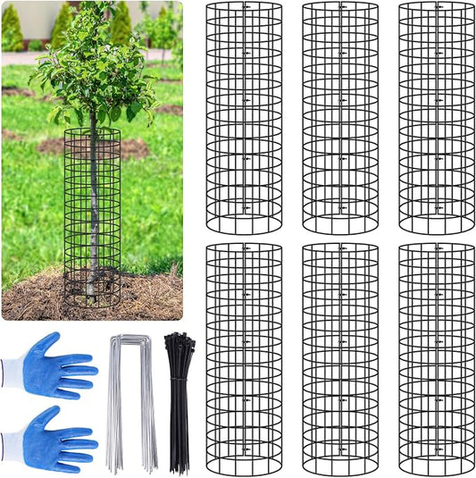 6Pcs Tree Trunk Protector, 16.5'' H Metal Mesh Tree Bark Protector with Zip Ties Metal Stakes and Gloves,Expandable Plant Trunk Guard Protectors for Deer Rabbit Rodents Mowers