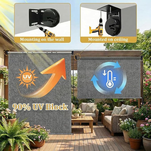 KANAGAWA Outdoor Roller Shade 8' W X 8' H, 220GSM HDPE Breathable Sun Shades Outdoor Patio, Crank Roll Up Window Shades for Porch Pergola Balcony, Light Grey