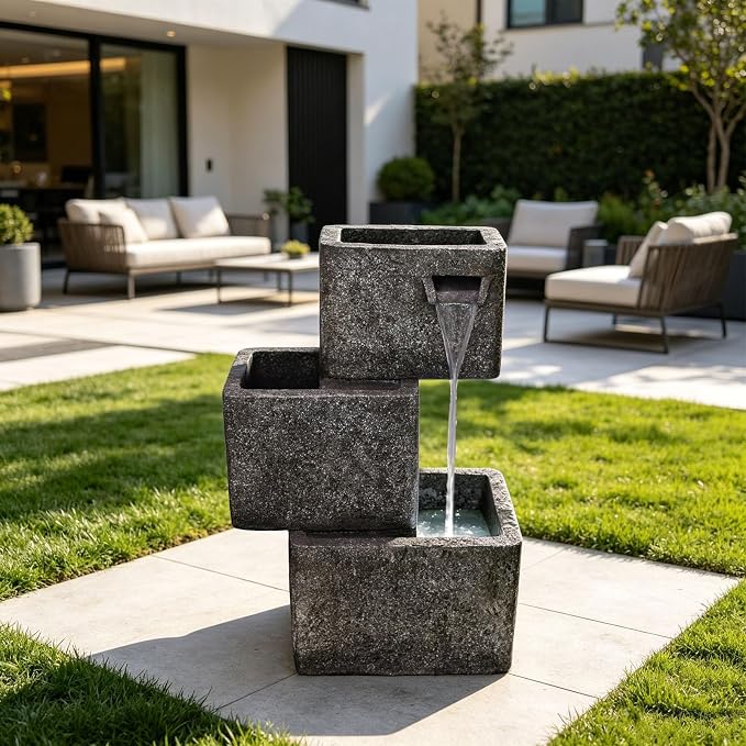 27.6" H Outdoor Modern Water Fountain, Floor Standing Indoor Waterfall Fountain, Outdoor Water Fountain with Lights, Home Decor for Garden Patio Porch Yard Backyardard
