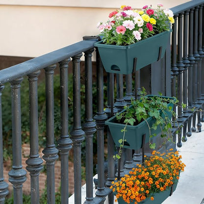 Window Boxes Planters with Adjustable Brackets Set of 2 Outdoor Fence Planters, Over the Deck Railing Planter Box with 6 Pack Hanging Plastic Flower Pots, Drainage Holes for Balcony, Patio, Green