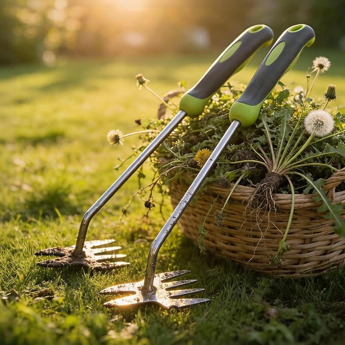 Garden Tools, 2-in-1 Hand Weeder Puller, Heavy Duty Stainless Steel Gardening Hand Tool for Deep Root Removal, Ergonomic Non-Slip Weed Remover for Lawn Yard Garden, 2 Pack