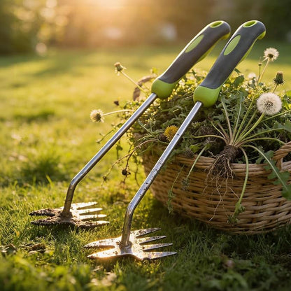 Garden Tools, 2-in-1 Hand Weeder Puller, Heavy Duty Stainless Steel Gardening Hand Tool for Deep Root Removal, Ergonomic Non-Slip Weed Remover for Lawn Yard Garden, 2 Pack