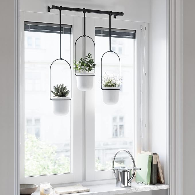Umbra Triflora Hanging Planter for Window, Indoor Herb Garden, Set of 3, White/Black (Pack of 3)