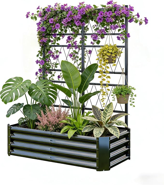 Galvanized Raised Garden Bed with Trellis for Climbing Plants Outdoor,Metal Vertical Garden Planter Box with Trellis,Heavy Duty Elevated Garden Bed for Vegetables Tomatoes Cucumbers Flowers Herb,Black