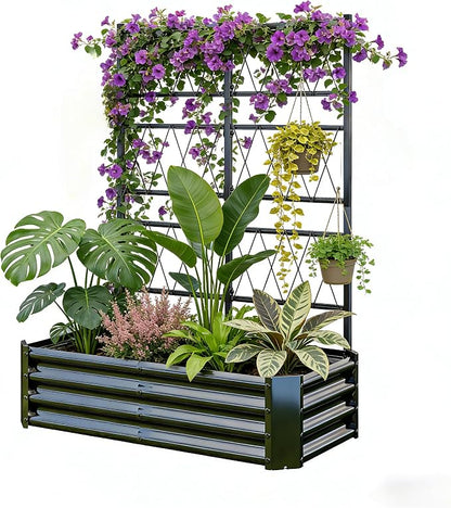 Galvanized Raised Garden Bed with Trellis for Climbing Plants Outdoor,Metal Vertical Garden Planter Box with Trellis,Heavy Duty Elevated Garden Bed for Vegetables Tomatoes Cucumbers Flowers Herb,Black