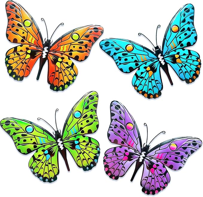 4 Pack Metal Butterfly Wall Decor Yard Art, 9.6" 3D Butterflies Outdoor Fence Decor Hanging Decorations for Garden Patio Balcony Front Porch Living Room Home Vibrant Colored Bohemian Geometric