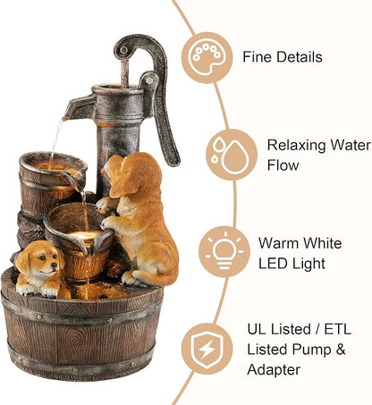Glitzhome Water Fountain Outdoor, Outdoor Fountain with Lights & Pump, 23.75" H Cute Dog Playing Around The Water Polyresin Cascading Waterfall Floor Standing Water Feature for Garden, Patio