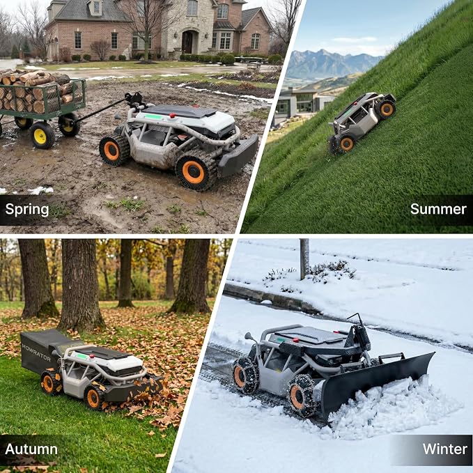 Mowrator S1 4WD 18Ah Remote Control Lawn Mower with Grip Tread Tires, All-Season Yard Care, 119% (50°) Slope Climbing, with Leaf Shredding Vacuum, 21" Width, 1.5–4.3" Cutting Height, Up to 1.12 Acres