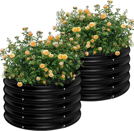 AHEONLAR 2 Pack 2x2x1.5ft Round Galvanized Raised Garden Bed Outdoor Metal Planter Box for Vegetables Steel Raised Beds for Gardening Black