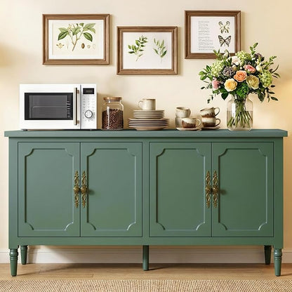 RoyalCraft Sideboard Buffet Cabinet with Storage, 59" Mid Century Modern Credenza with 4 Doors, Coffee Bar Wine Bar Storage Cabinet with Artistic Carved Handle for Living Room, Dining Room, Green