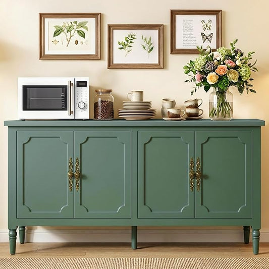 RoyalCraft Sideboard Buffet Cabinet with Storage, 59" Mid Century Modern Credenza with 4 Doors, Coffee Bar Wine Bar Storage Cabinet with Artistic Carved Handle for Living Room, Dining Room, Green